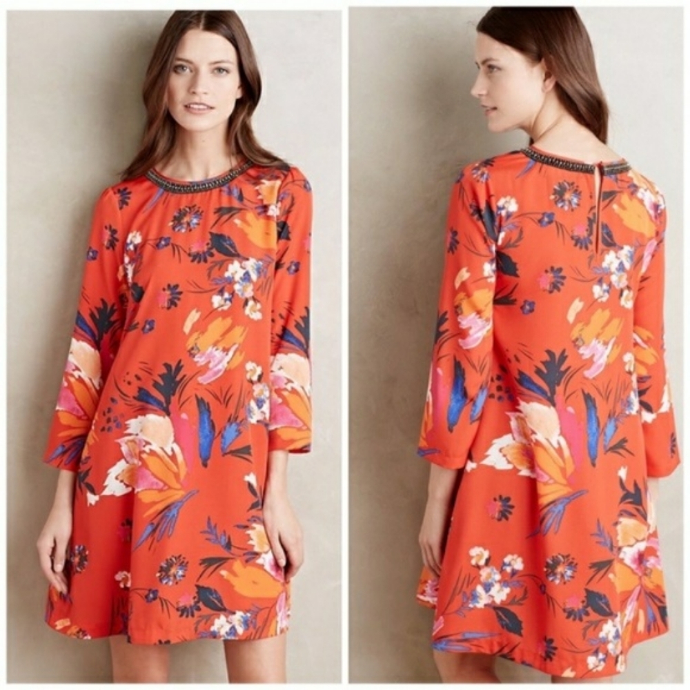 Anthropologie Maeve sketched peonies dress beaded neck Cottagecore preppy garden